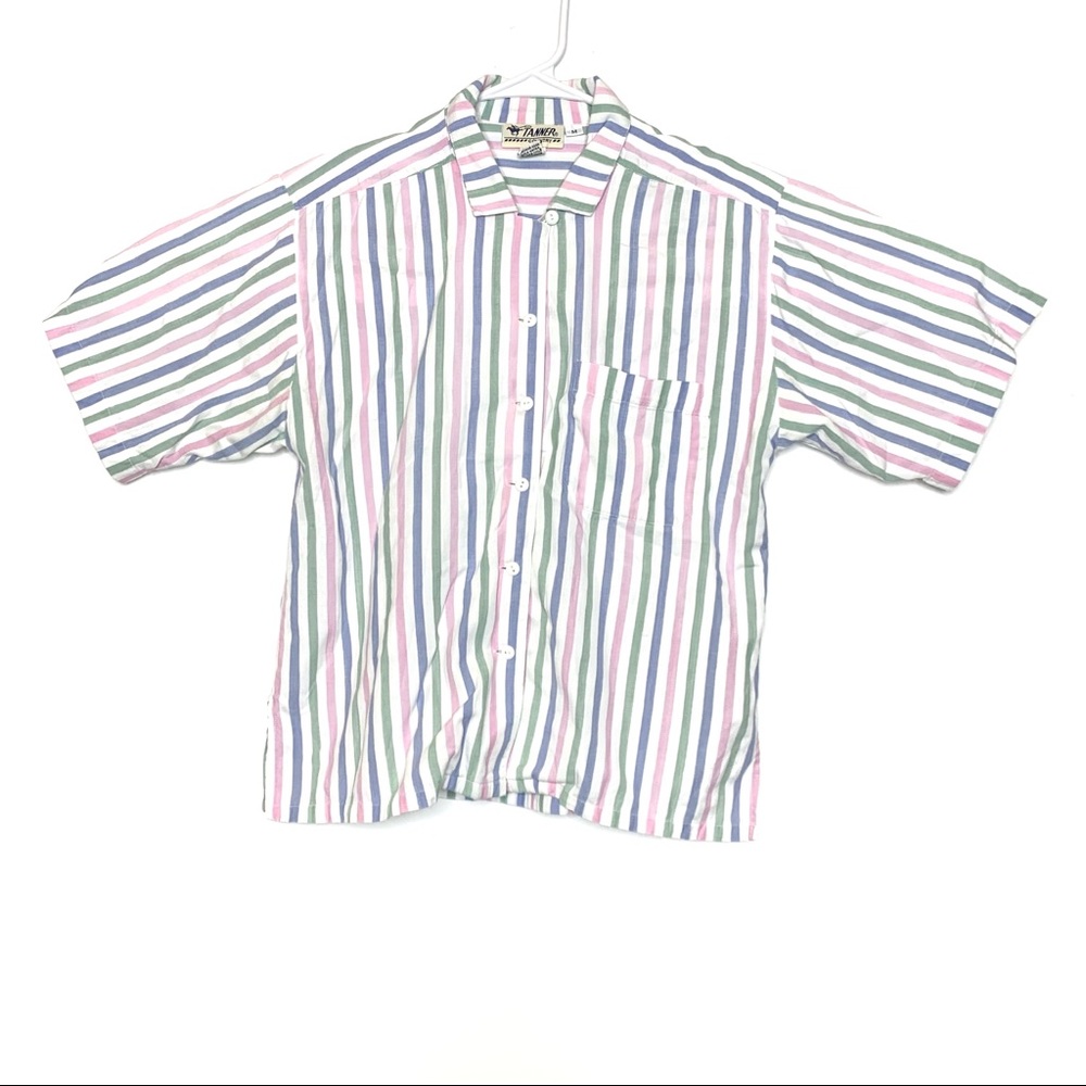 Vtg Tanner Country Women Button Shirt sz M Pink Green Blue Stripes 18x23”